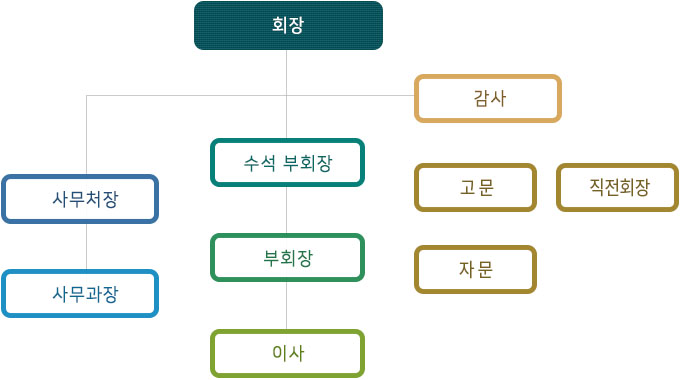조직도 : 회장, 수석 부회장, 부회장, 이사, 사무처장, 사무과장, 감사, 고문, 직전회장, 자문